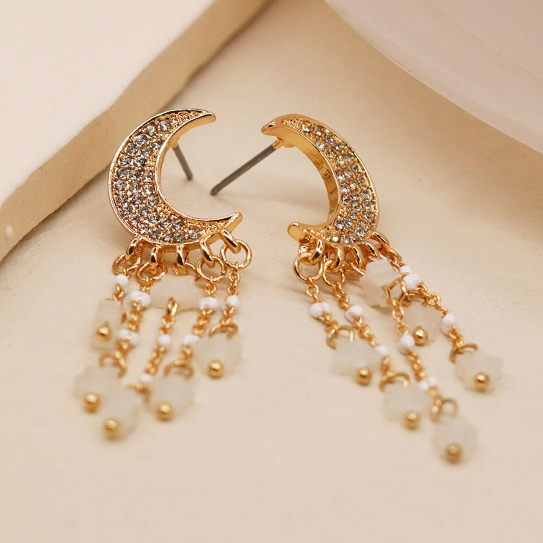 Gold Crystal Moon and Star Drop Earrings