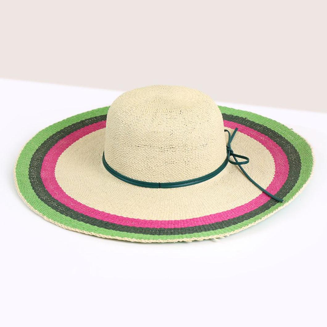 Cream Wide Brim Sun Hat with Green & Pink