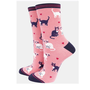 Women's Cats in Love Bamboo Socks in Pink