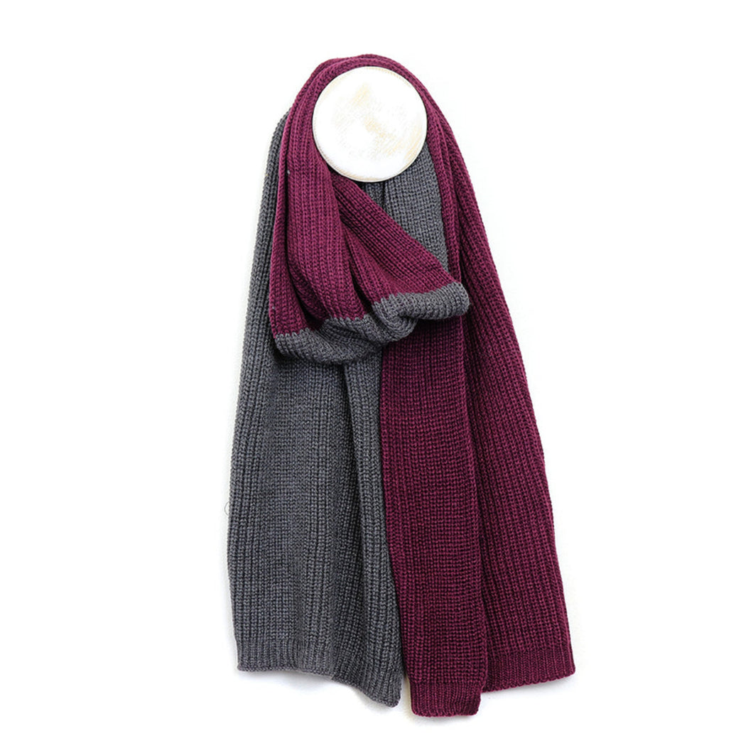 Grey/Burgundy Ribbed Men's Knitted Scarf