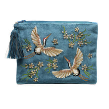 Load image into Gallery viewer, Mid Blue Embroidered Velvet Pouch
