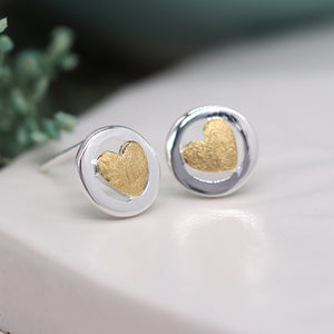 Sterling Silver Circle Gold Heart Earrings
