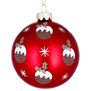 Matt Red Glass Ball with Christmas Puddings