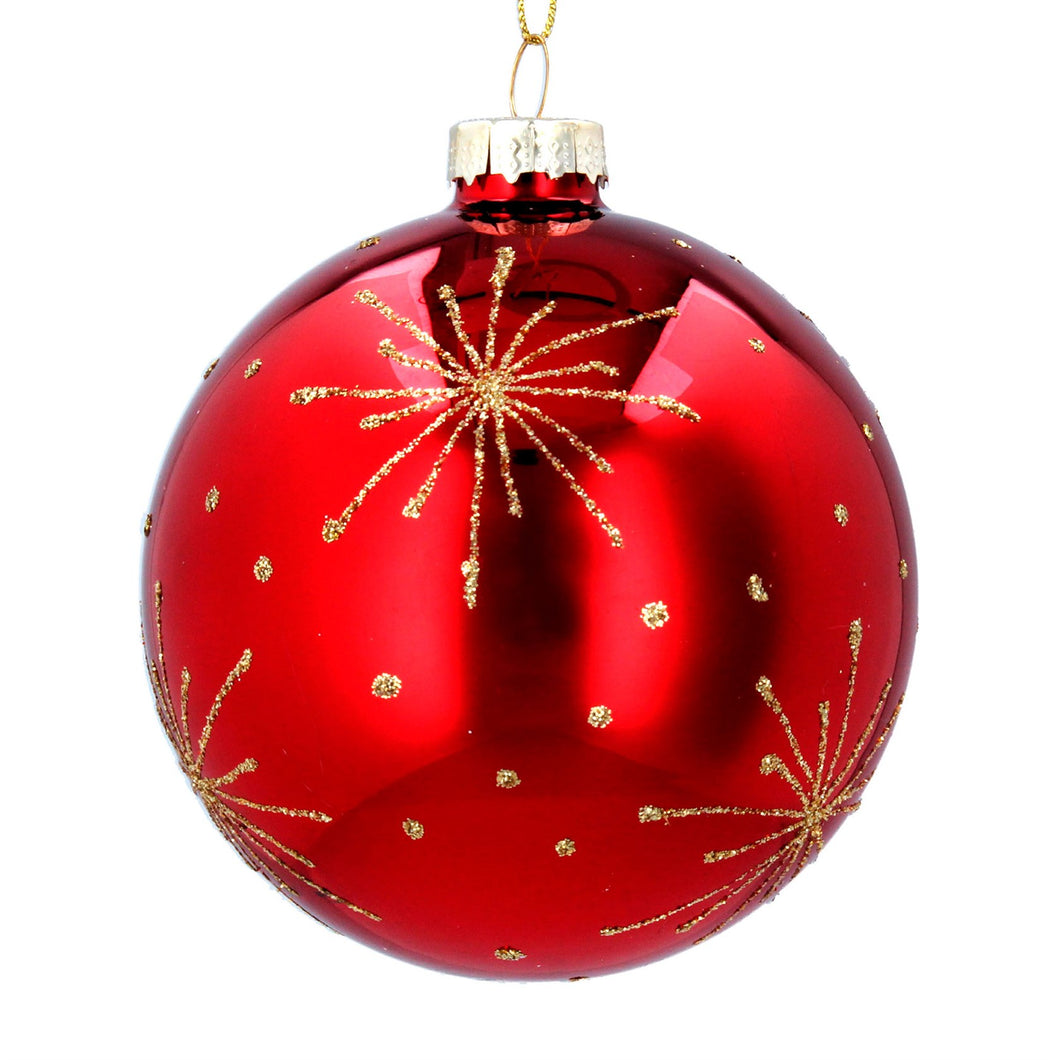 Laq Red Glass Ball with Gold Glitter Starbursts