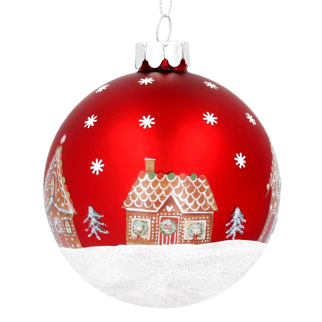 Matt Red Glass Ball with Gingerbread House