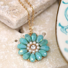 Load image into Gallery viewer, Golden Aqua Bead Daisy Necklace
