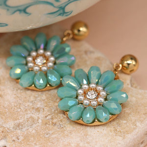 Golden Aqua Bead Daisy Earrings