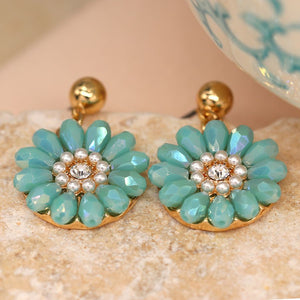 Golden Aqua Bead Daisy Earrings