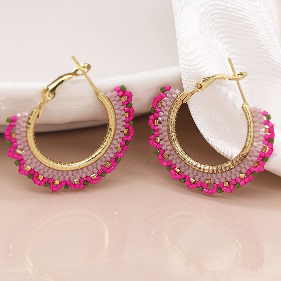 Pink Beaded Hoop Earrings