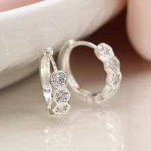 Load image into Gallery viewer, Silver Plated Hoop Earrings with Hexagon Set Crystals
