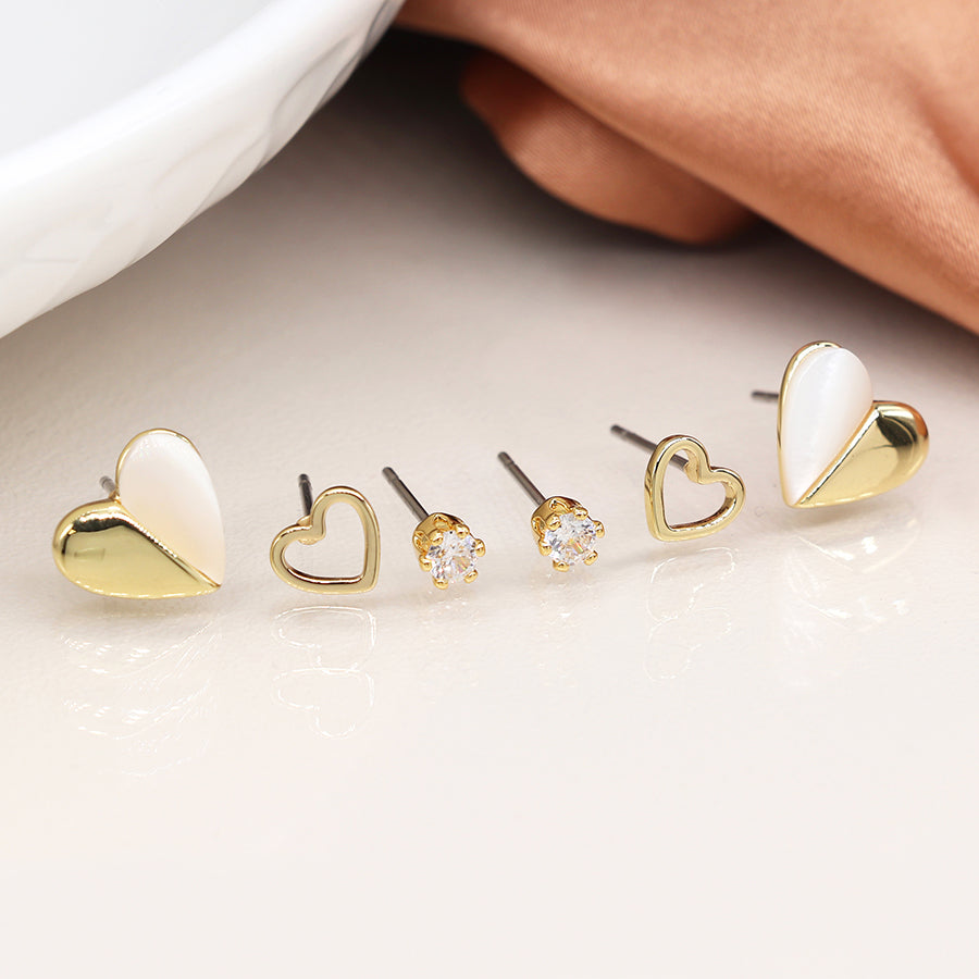 Faux Gold Heart Triple Stud Earring Set