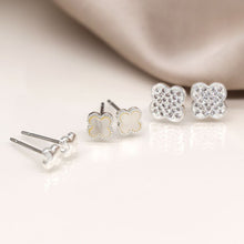 Load image into Gallery viewer, Silver Plated Triple Quatrefoil Stud Set with Crystal &amp; Shell
