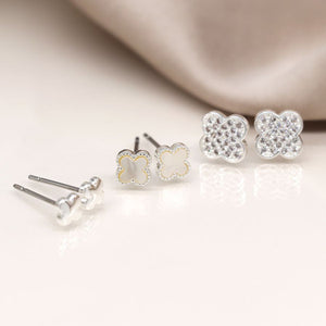 Silver Plated Triple Quatrefoil Stud Set with Crystal & Shell