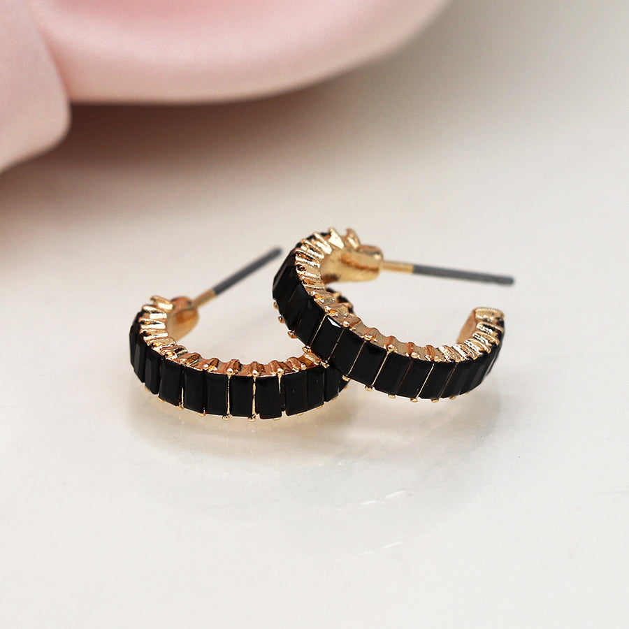 Black Oblong Crystals Hoop Earrings