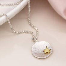 Load image into Gallery viewer, Silver Plated Scratched Finish Concave Disc Necklace with Golden Star
