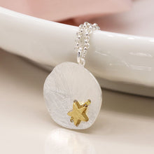 Load image into Gallery viewer, Silver Plated Scratched Finish Concave Disc Necklace with Golden Star
