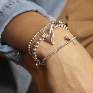 Silver Plated Bead and Heart Charm T-bar Bracelet