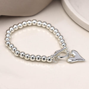 Silver Plated Bead and Heart Charm T-bar Bracelet