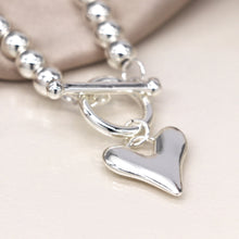 Load image into Gallery viewer, Silver Plated Bead and Heart Charm T-bar Bracelet
