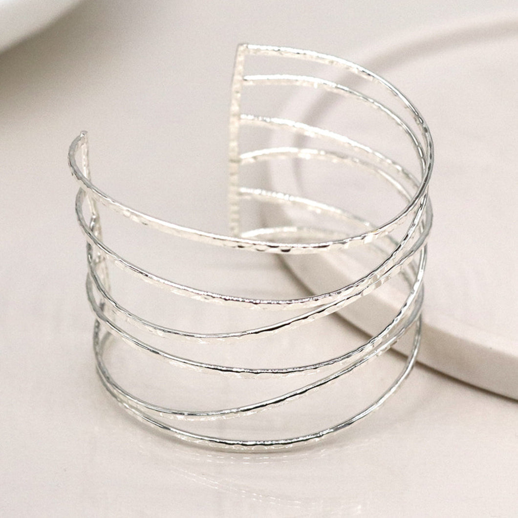 Silver Plated Hammered Wide Multistrand Bangle