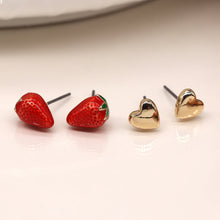 Load image into Gallery viewer, Strawberry and Golden Heart Stud Earring Set
