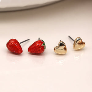 Strawberry and Golden Heart Stud Earring Set