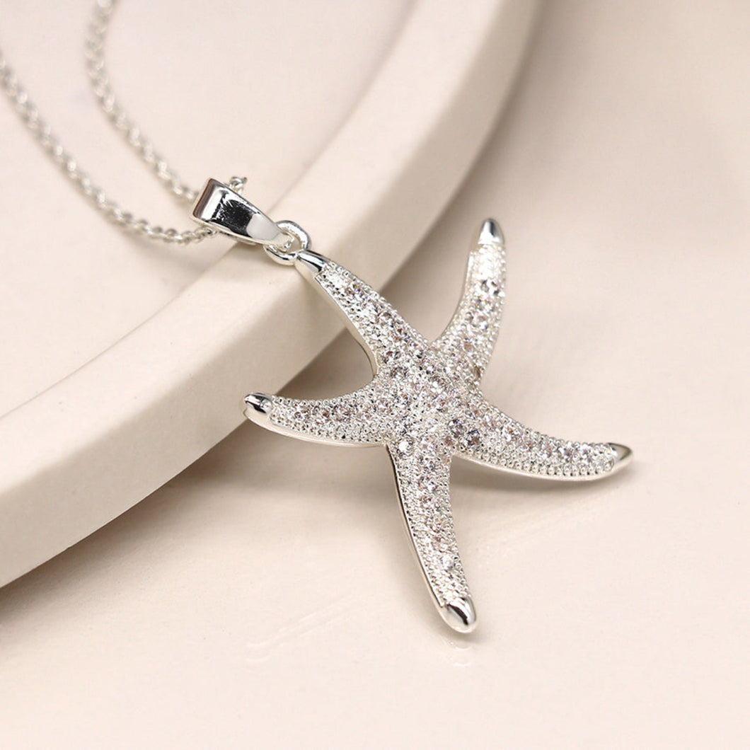 Silver Plated Crystal Starfish Necklace