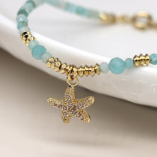 Load image into Gallery viewer, Golden Aqua Bead and Crystal Starfish Bracelet
