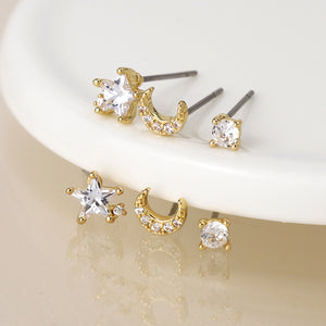 Golden Triple Star Moon Crystal Stud Set