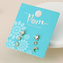 Load image into Gallery viewer, Golden Triple Star Moon Crystal Stud Set
