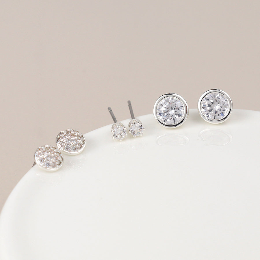 Silver Plated Triple Round Crystal Stud Earring Set