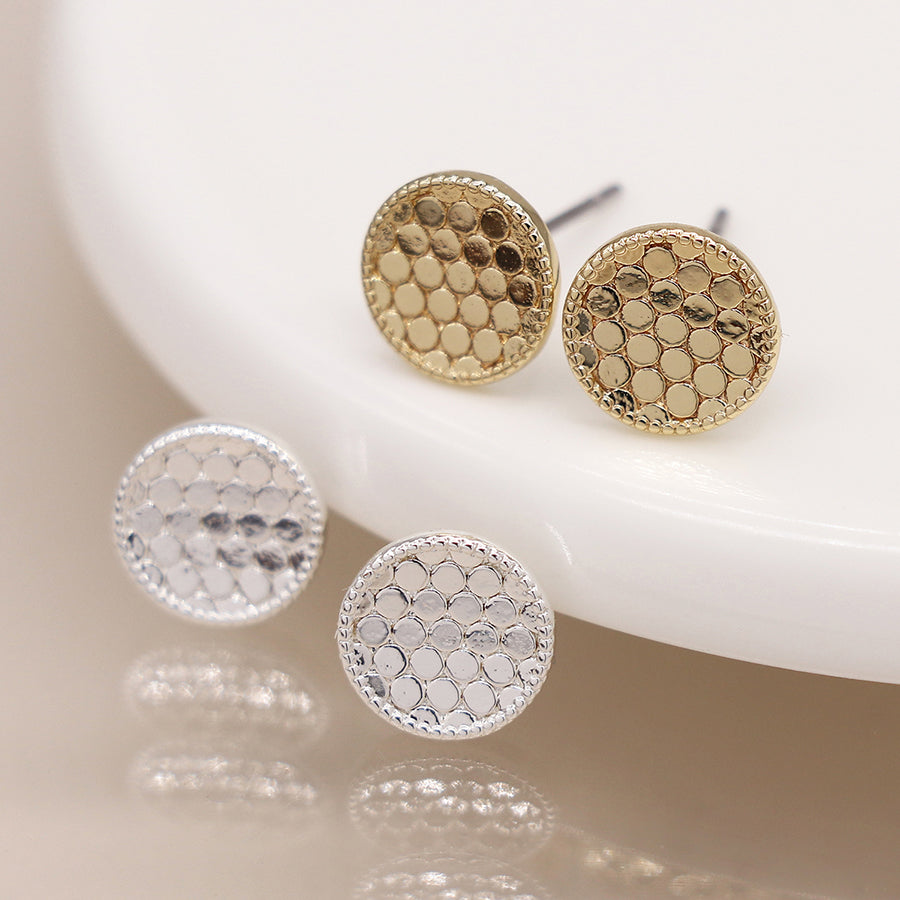 Silver Plated Golden Textured Disc Stud Earrings