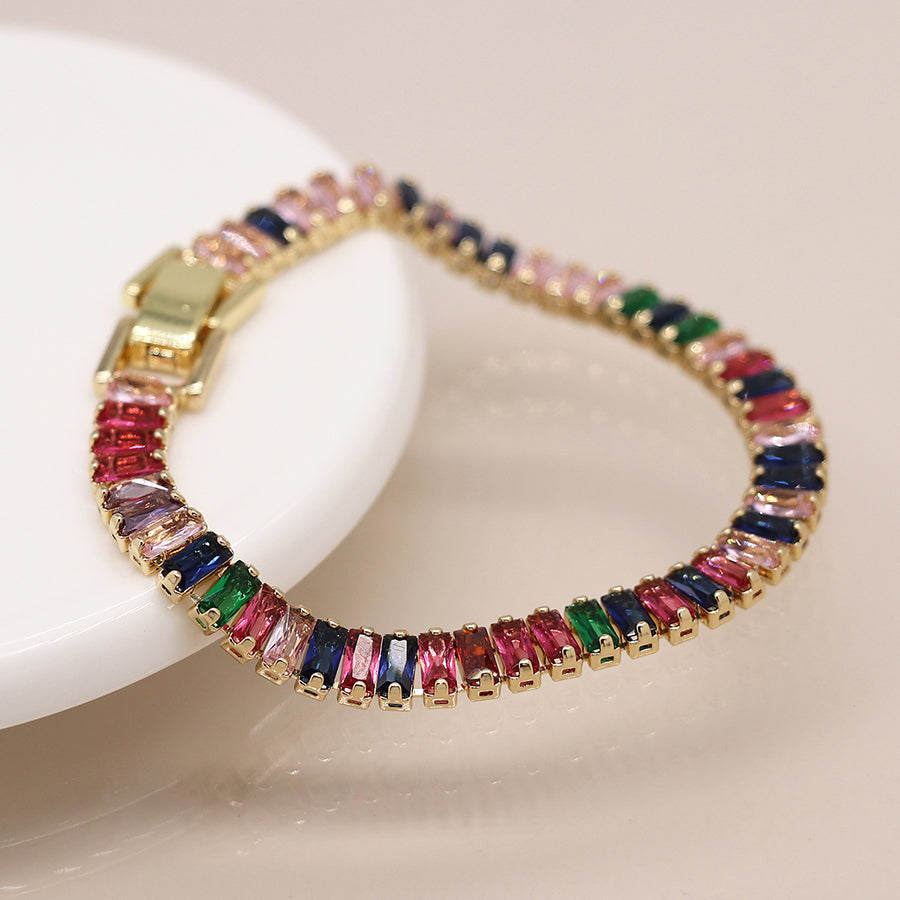 Golden Link Chain Bracelet with Multicoloured Crystals