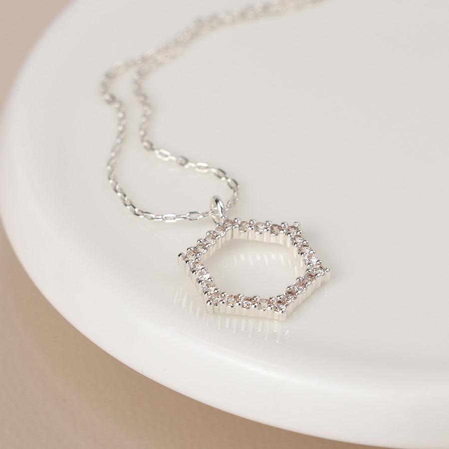Silver Plated Pave Crystal Hexagon Necklace