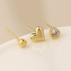 Golden Triple Bead Hearts Stud Earring Set