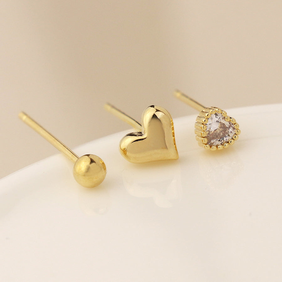 Golden Triple Bead Hearts Stud Earring Set