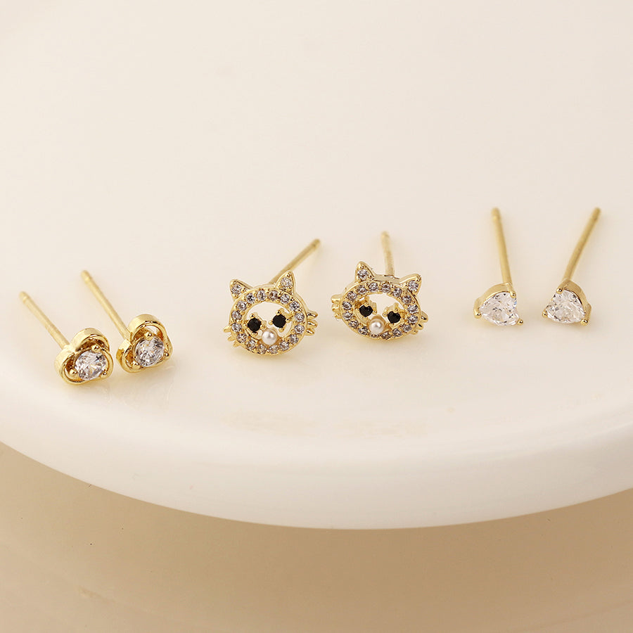 Golden Cats Heart Earring Set