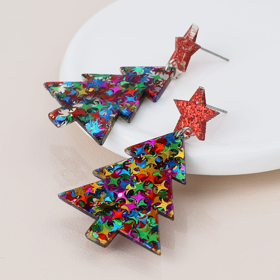 Acrylic Red Mix Christmas Tree Earrings