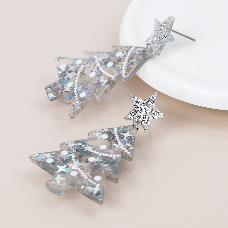 Acrylic Silver Mix Christmas Tree Earrings