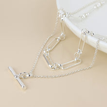 Load image into Gallery viewer, Silver Plated Layered Chain &amp; T-bar Necklace
