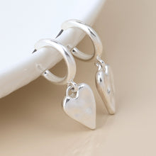 Load image into Gallery viewer, Silver Plated Worn Finish Heart Hoop Earrings

