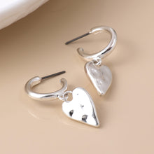 Load image into Gallery viewer, Silver Plated Worn Finish Heart Hoop Earrings
