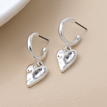 Load image into Gallery viewer, Silver Plated Worn Finish Heart Hoop Earrings
