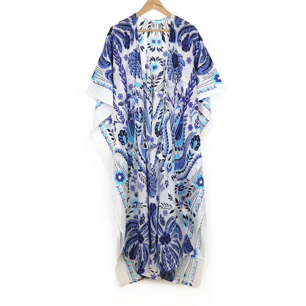 Blue/White Folksy Floral Print Kaftan
