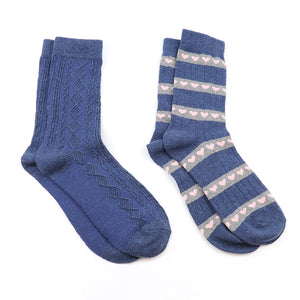 Blue Cable/Hearts Mix Wool Blend 2 Pair