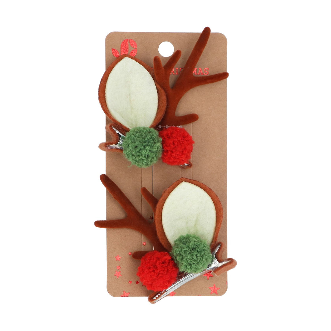 Fabric Antler/Pom Pom Hairclips Pack of 2