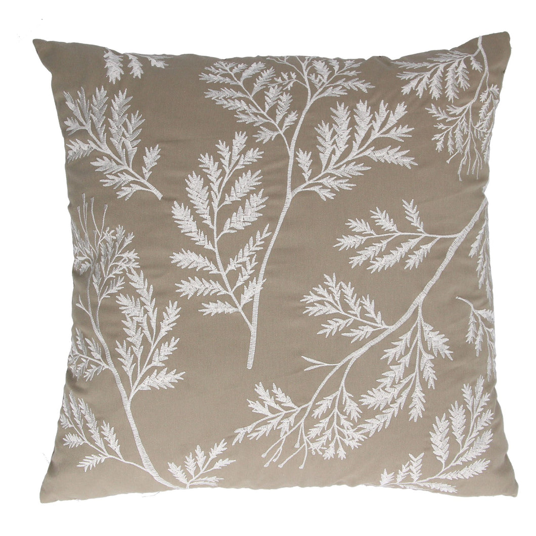 Taupe Embroidered Fern Cushion