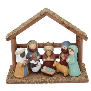 Ceramic Kids Nativity with Wood House