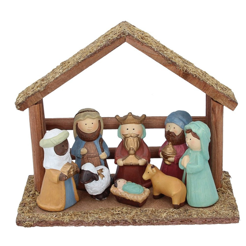 Ceramic Kids Nativity with Wood House