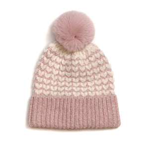 Pale Pink Heart Knit Hat with Faux Fur